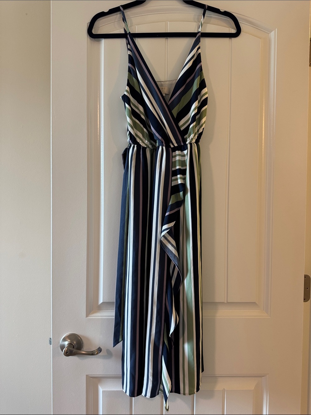 LOFT Striped Wrap Midi Dress in Navy, White & Olive